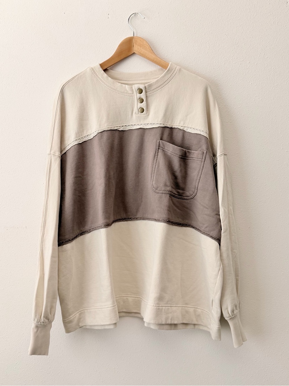 Free People Two-Tone Cream and Taupe Crewneck Sweater